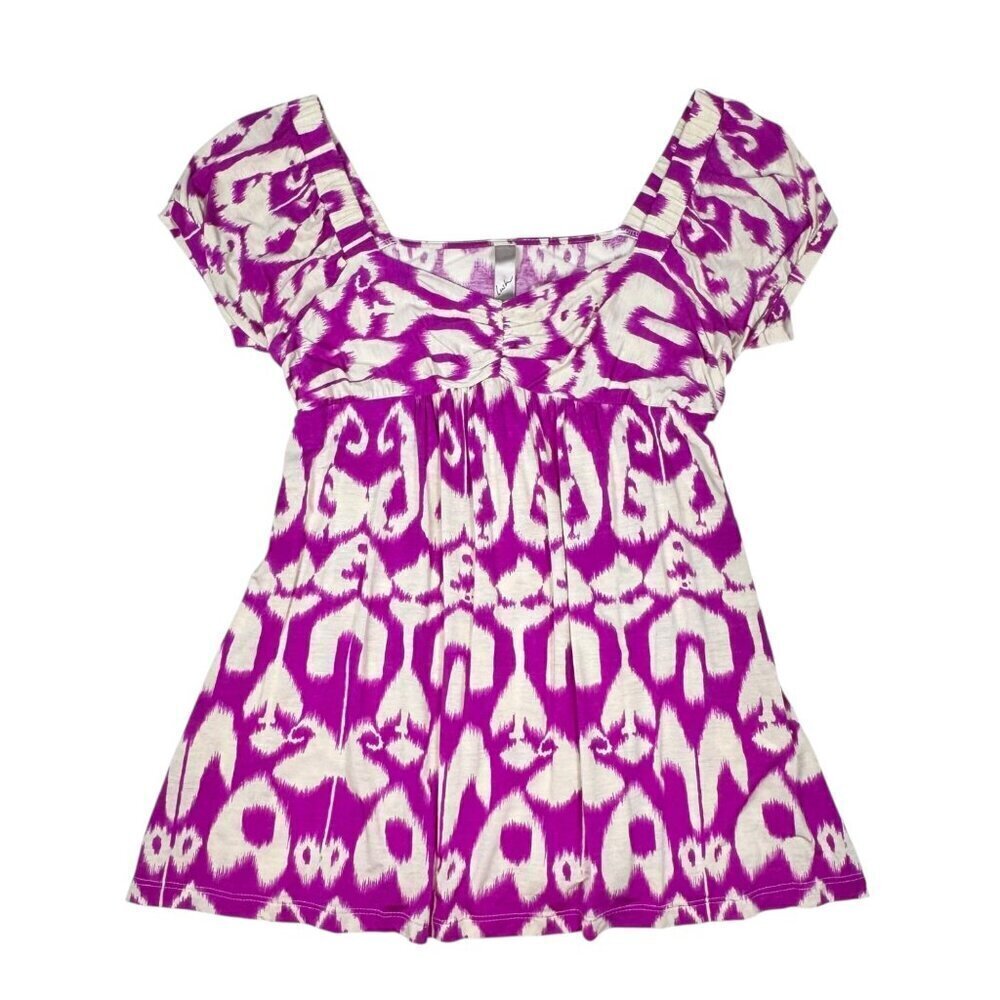 VTG Y2K Babydoll Top Sz.M Ikat Print Short Puff Sleeve Boho Coquette Festival - Picture 8 of 10